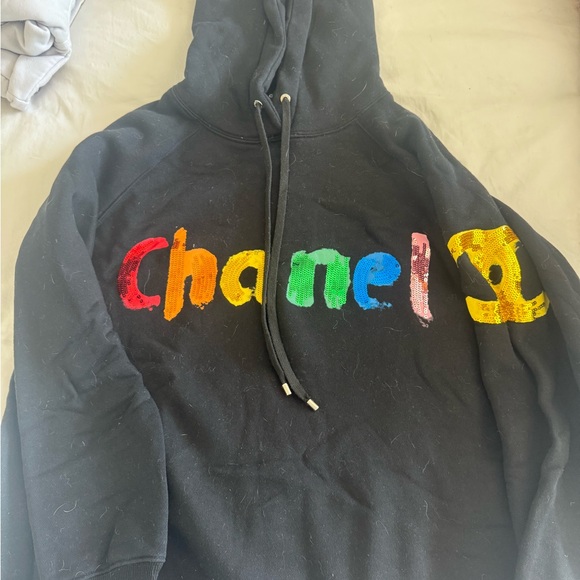 CHANEL Sweaters - CHANEL Black Hoodie with Colorful Sequin Logo